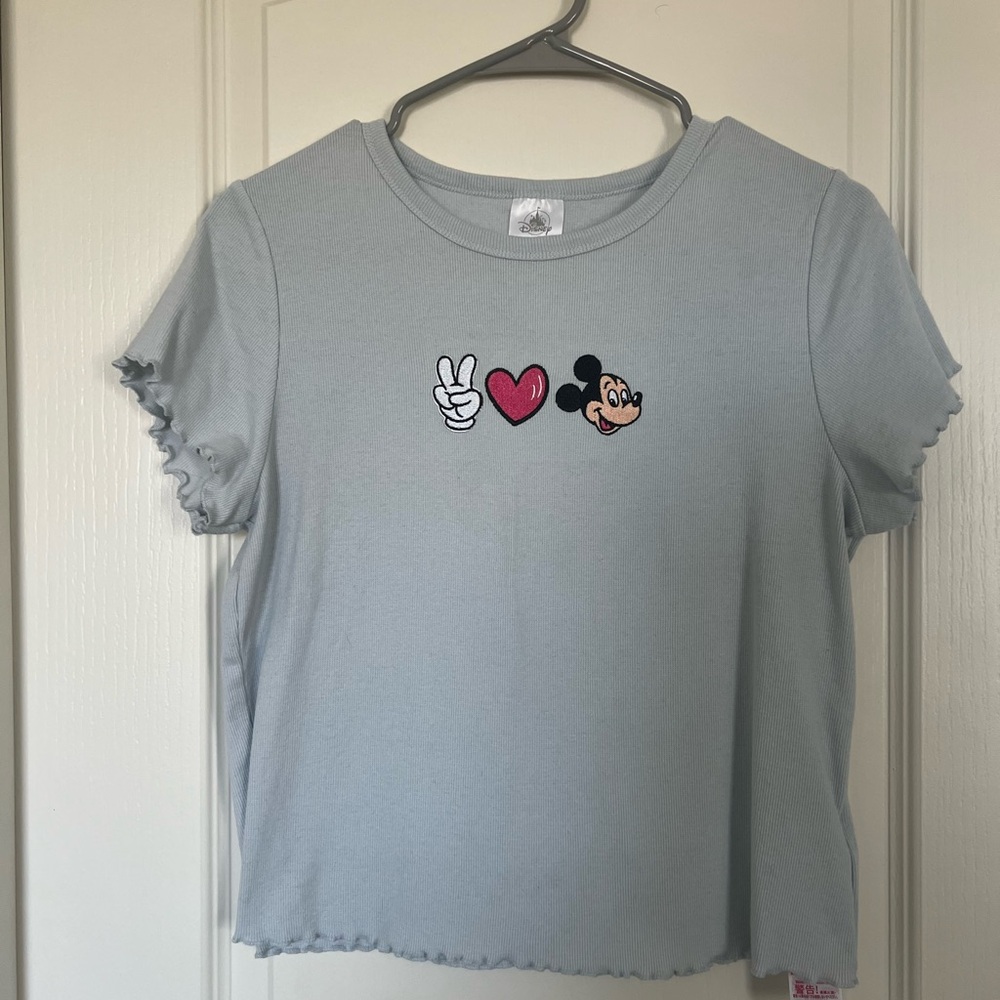 Disney Women’s Mickey Light Blue Peace Shirt, Medium